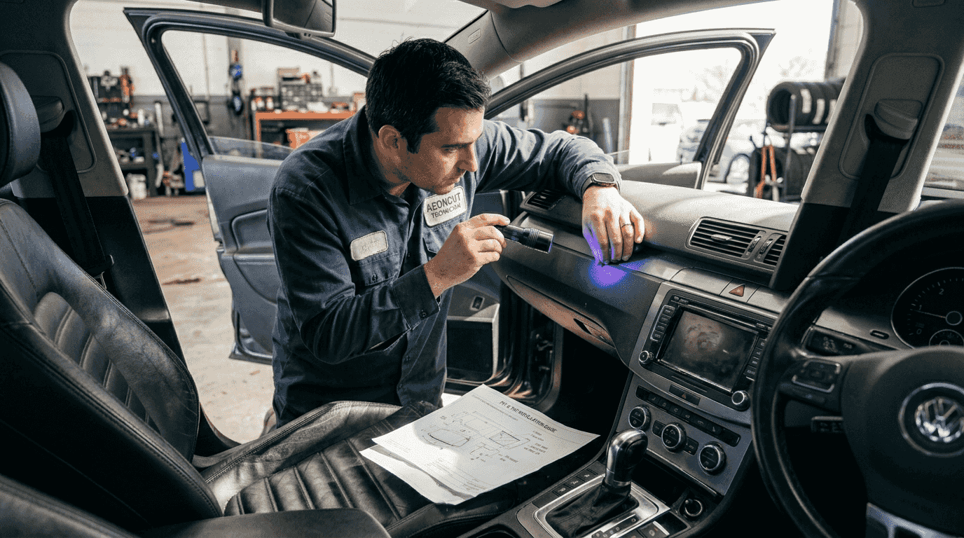Installer inspecting sun-faded car dashboard
