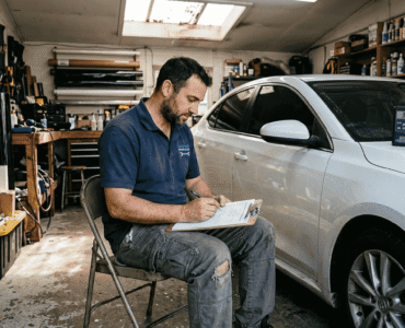 Installer filling paperwork in auto garage