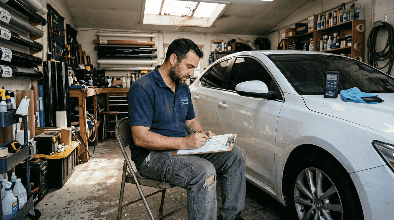Installer filling paperwork in auto garage