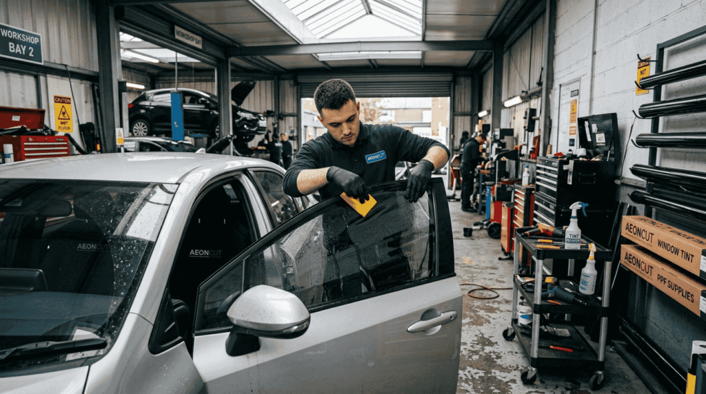 Technician installing window tint in garage