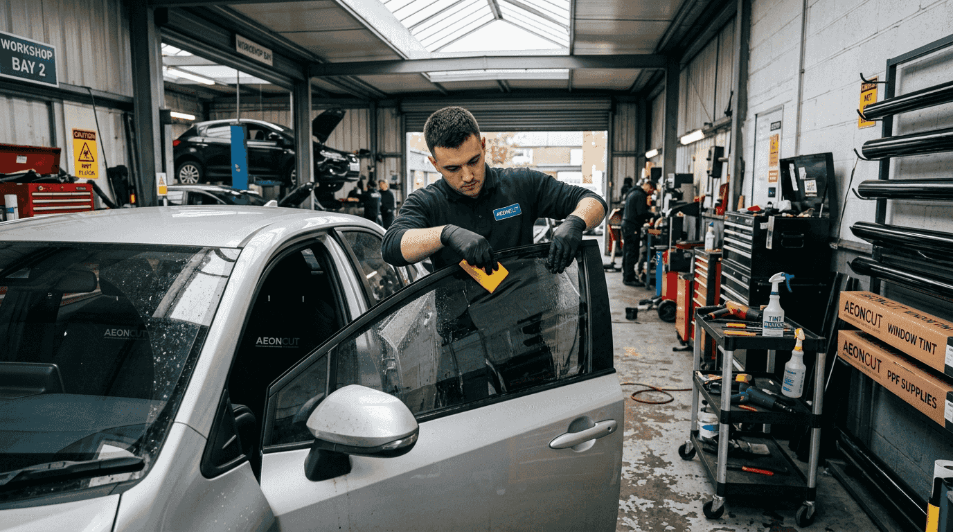 1773706458425_Technician-installing-window-tint-in-garage-5 – AEONCUT PPF Pre-cut Cutting software Technician installing window tint in garage