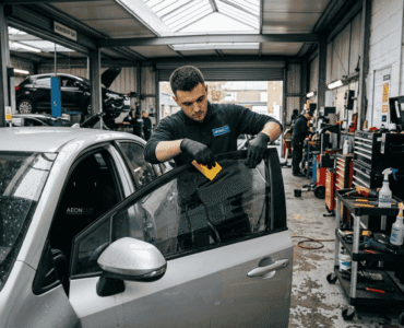 Technician installing window tint in garage