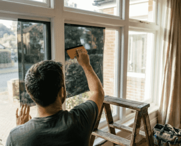 Installer applying window tint film at home