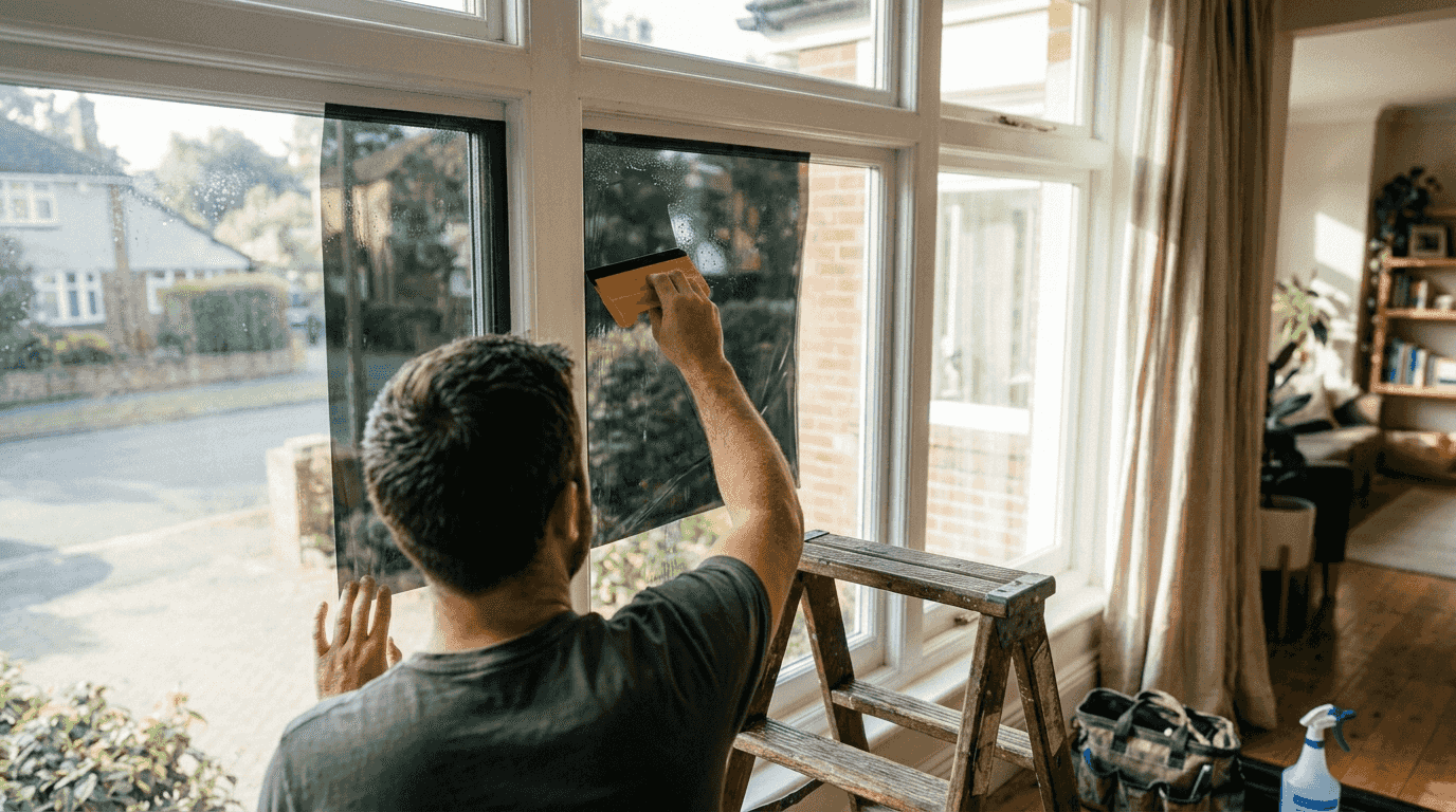 Installer applying window tint film at home
