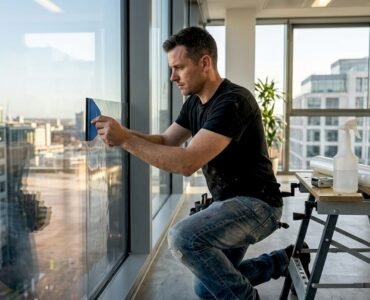 Installer applying window tint in sunny office