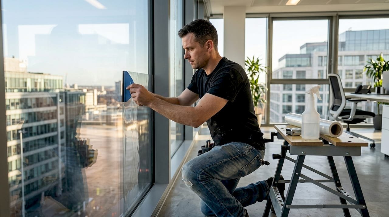 Installer applying window tint in sunny office
