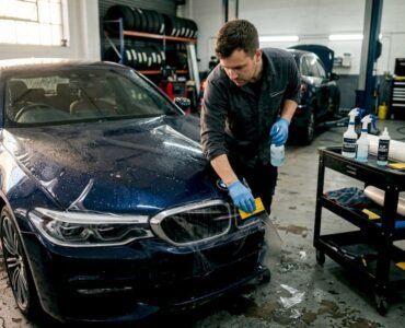 Technician installing car protection film in garage