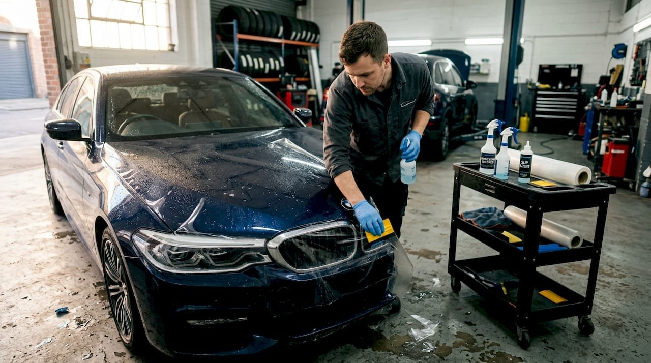 Technician installing car protection film in garage