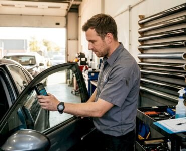 Technician measuring car window tint in workshop