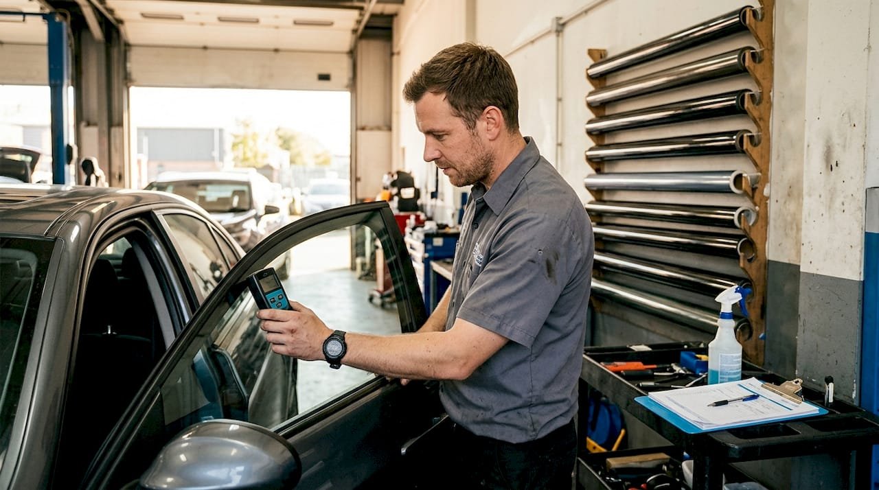 Technician measuring car window tint in workshop