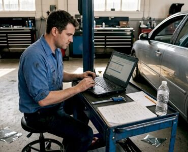 Technician enters paint protection costs in workshop