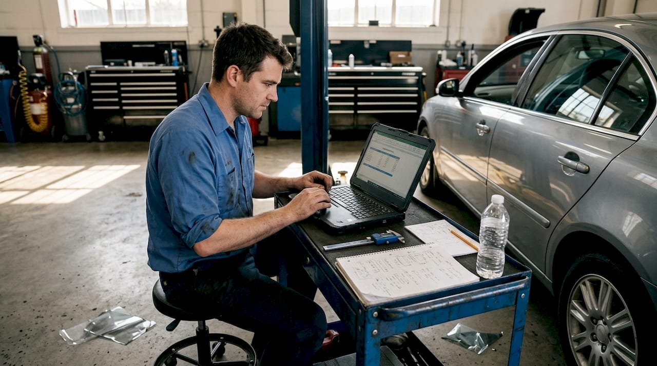 Technician enters paint protection costs in workshop