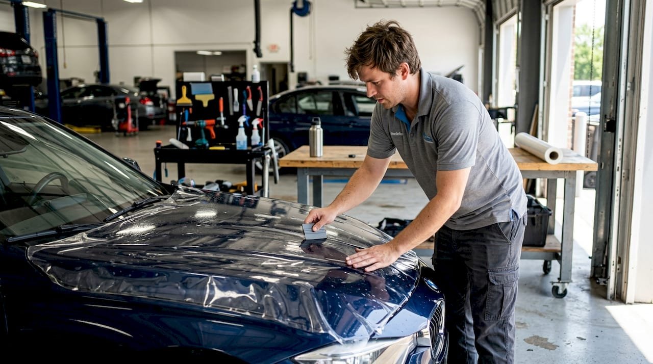 Installer applying eco-friendly PPF in garage